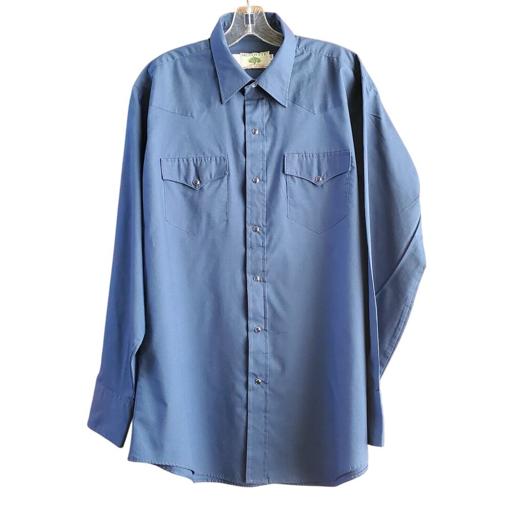Vtg Mesquite Western Cowboy Shirt Blue Pearl Snap USA Long Sleeve 17/35 L